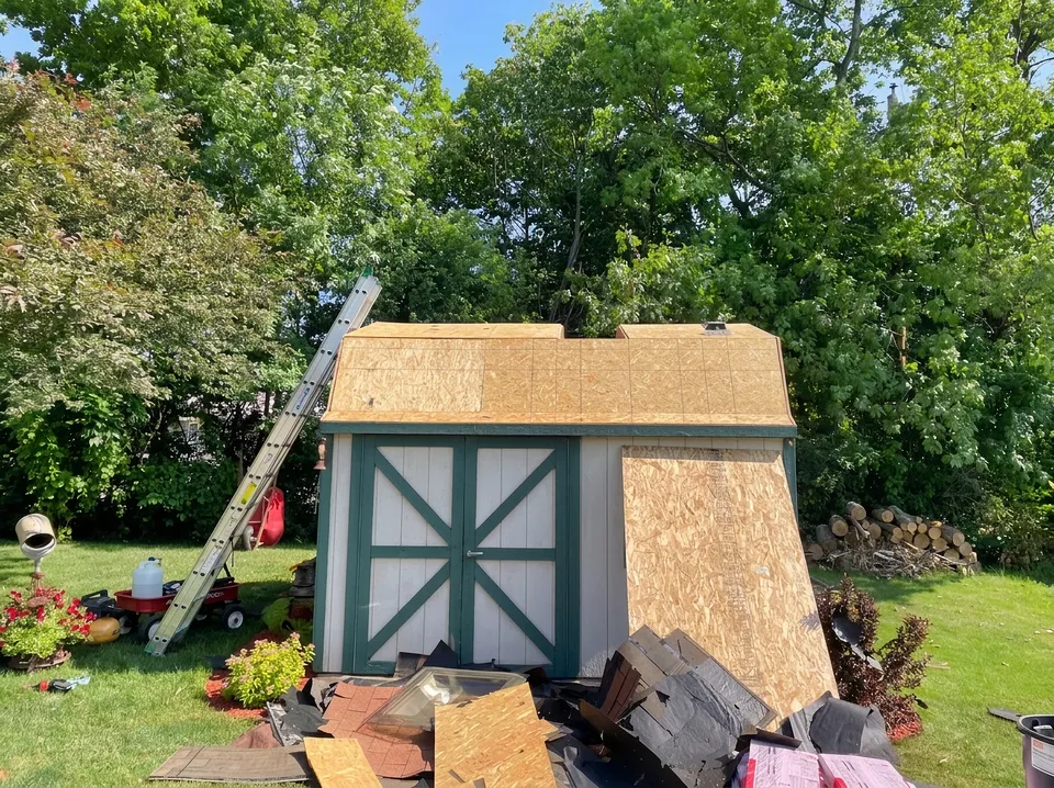Shed roof replacement in progress with new roof decking, Wisconsin
